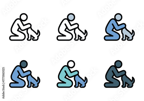 Person petting a dog, human animal interaction icon set, love and care concept