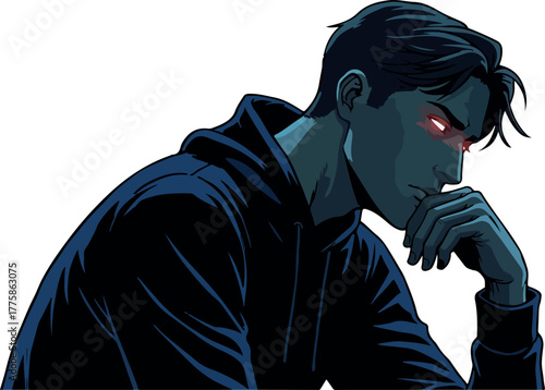 Pixel Art Man Thinking Dark Hoodie Red Eyes Isolated Vector