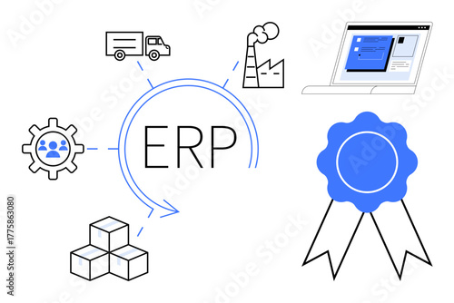 ERP surrounded by gear with people icon, boxes, factory, truck, web dashboard, and certification badge. Ideal for business, automation, technology logistics efficiency integration and quality in