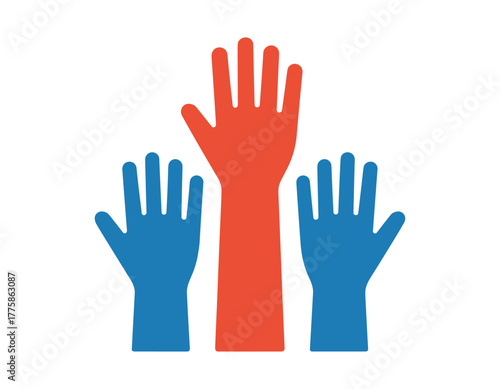 Three hands raised, one red and two blue, symbolizing volunteering, participation, or asking a question