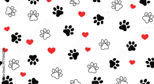 Dog Paw Prints with Hearts on a White Backdrop, Pet Love Pattern