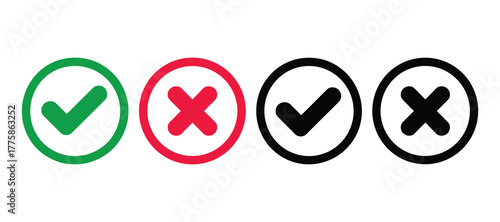 Set of green check mark and red cross, plus black check mark and cross icons
