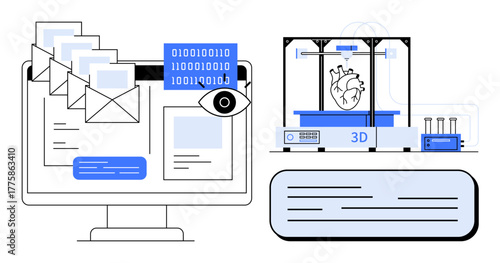 Computer screen with emails, data transfer icons, and a 3D printer creating a human heart. Ideal for technology, innovation, healthcare, engineering, AI digital transformation education. Simple