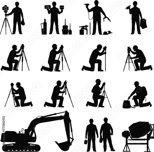 Construction workers silhouette set, tripod, excavator, concrete mixer, tools, survey, camera, vector icons, cad drawing flat vector illustration