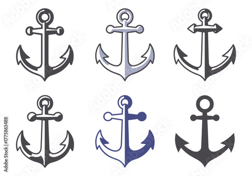Collection of anchor icons in various styles and colors, symbolizing stability and maritime themes