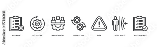 Business continuity concept icon illustration contain planning, recovery, management, operation, risk, resilience and procedures.