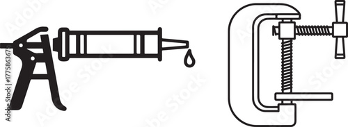 Black and White Line Art Icons of Caulk Gun and C-Clamp