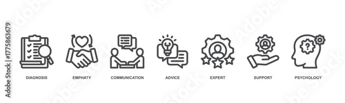 Counseling concept icon illustration contain diagnosis, communication, empathy, psychology, support, expert and advice 