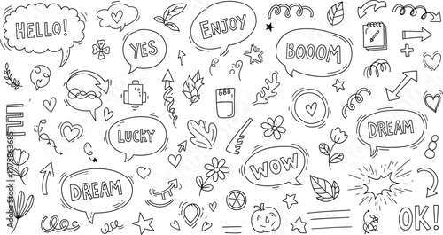 Doodle Design Elements with Speech Bubbles, Flowers, Hearts, Stars and Arrows Isolated
