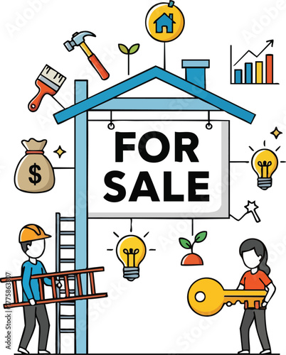 Real Estate House For Sale Sign With Two People Holding Ladder And Key With Tools And Money Bag