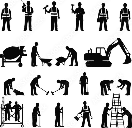 Construction workers silhouettes, industrial labor tools, cement mixer, excavator, scaffolding, safety gear, vector icon set, cad drawing flat vector illustration