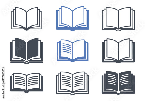Collection of open book icons in various styles, colors, and perspectives