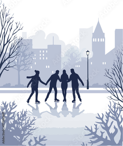 Pixel Art Winter Ice Skating Scene With City Silhouette