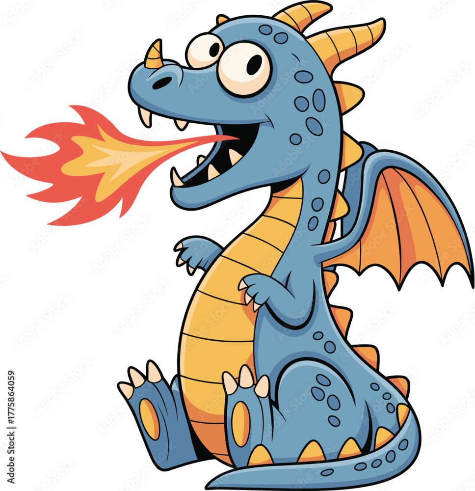 Fototapeta premium Cartoon dragon breathing fire, blue body, orange wings, fierce expression, fantasy theme, vector illustration, digital artwork, mythical creature design