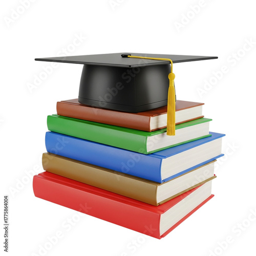 Achieving dreams A graduate cap sits atop a colorful stack of books symbolizing hard work and on transparent background