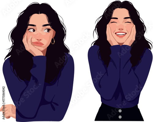 Pixel Art Woman Expressing Joy and Disappointment With Dark Blue Sweater