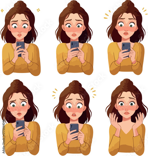 Pixel Art Woman Emotions Using Phone Yellow Sweater Isolated White