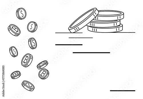 Falling coins with stacked coins illustrate financial success, savings, investment, and monetary concepts. Ideal for banking, wealth growth, trade, economic strategy, budgeting business simple flat