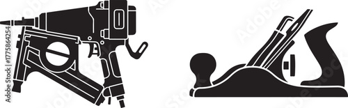 Black and White Vector Icons of Power Nail Gun and Hand Plane