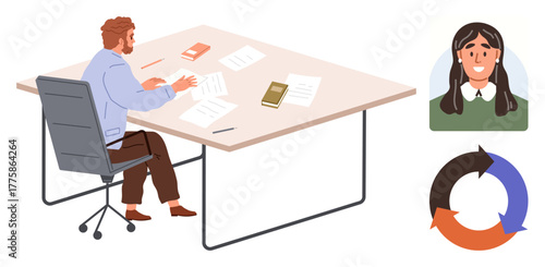 Office setup with worker at desk reviewing papers, woman portrait for remote connection, and cycle icon for workflow. Ideal for teamwork, remote work, document review, project planning
