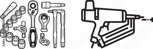 Clean Line Art Set of Workshop Socket Tools and Fastener Gun