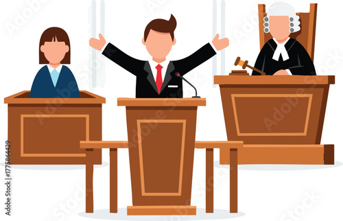 Man in Suit Celebrating Victory at Podium with Judge and Juror in Courtroom