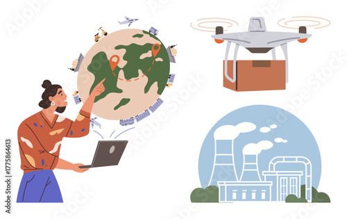 Woman using laptop to manage worldwide shipping on globe with points of interest, delivery quadcopter carrying package, and industrial factory. Ideal for delivery, logistics, technology, innovation