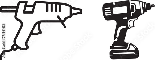 Black and white vector icons of a glue gun and cordless drill.