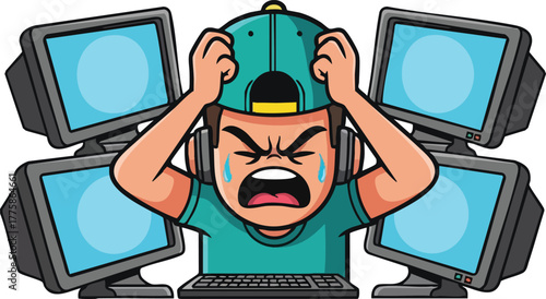 Young Gamer Frustrated With Multiple Computer Screens And Headphones Showing Anger And Stress