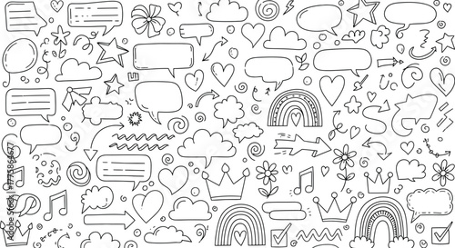 Doodle Elements Seamless Pattern Crowns, Arrows, Speech Bubbles, Rainbows, and Hearts