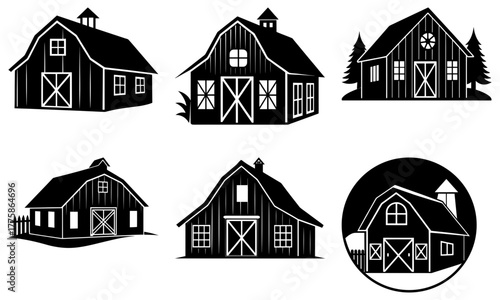 Charming black and white barn silhouettes, rustic farmhouses ideal for rural designs, vintage logos, and country-themed projects, originally scalable vector graphics