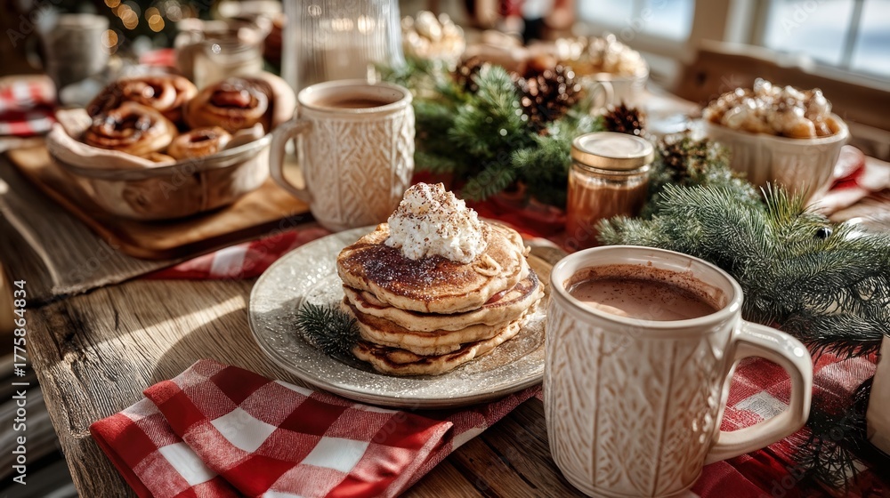 Naklejka premium A delightful breakfast feast, a table adorned with an array of delectable treats and steaming beverages. Featuring a stack of pancakes and cup of drink