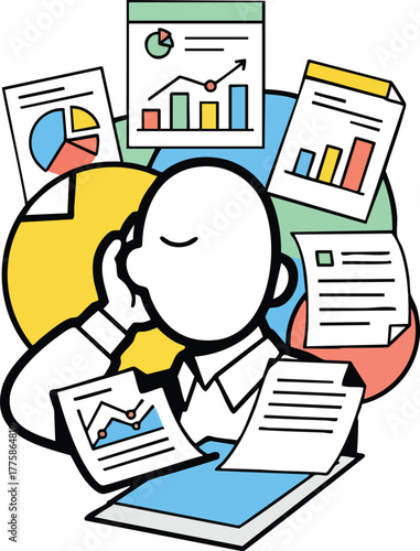 Overwhelmed person surrounded by charts and graphs showing data analysis and financial reports