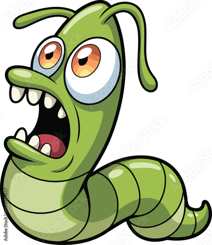 Cartoon green worm, exaggerated shocked expression, bulging eyes, open mouth, sharp teeth, vector illustration, digital artwork, humorous character design