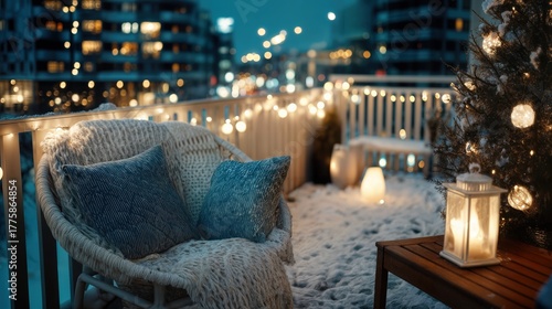 Cozy Christmas balcony scene with snow, decorations and a warm atmosphere