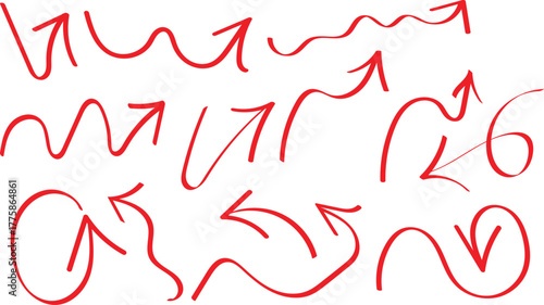 Hand drawn red arrows set showing direction options and creative ways to navigate paths