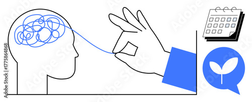 Hand untangling thread from head symbolizing mental clarity, calendar for planning, sprout icon for growth. Ideal for mindfulness, personal growth, time management, mental health, creativity