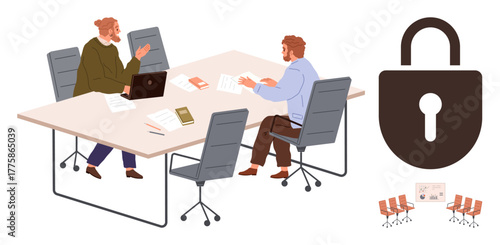 Two professionals collaborate at a desk with gadgets and papers while a large padlock symbolizes data security. Ideal for teamwork, privacy, protection, collaboration, strategy, innovation, simple
