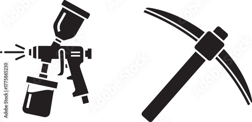 Black Vector Icons: Paint Spray Gun and Mining Pickaxe