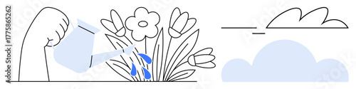 Hand pours water on blooming flowers with blue drops falling, accompanied by soft clouds. Ideal for nature, growth, gardening, nurturing, environment, freshness and simplicity concepts. A simple