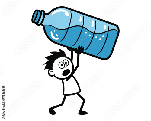Cartoon Man Struggling with Huge Water Bottle Graphic Illustration