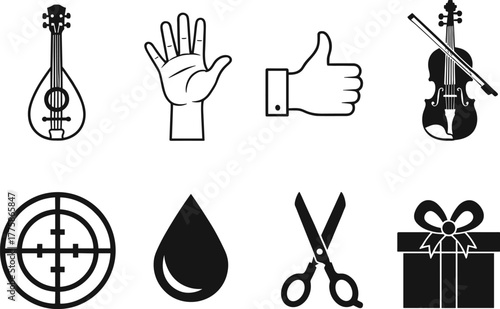 Vector Icons of Musical Instruments, Hand Gestures, Tools, and Symbols – Black Silhouettes for Design, Education, and Creative Projects