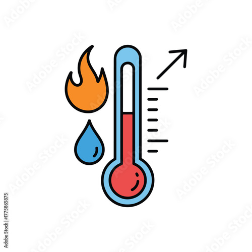 Rising temperature thermometer with fire and drop for global warming concept