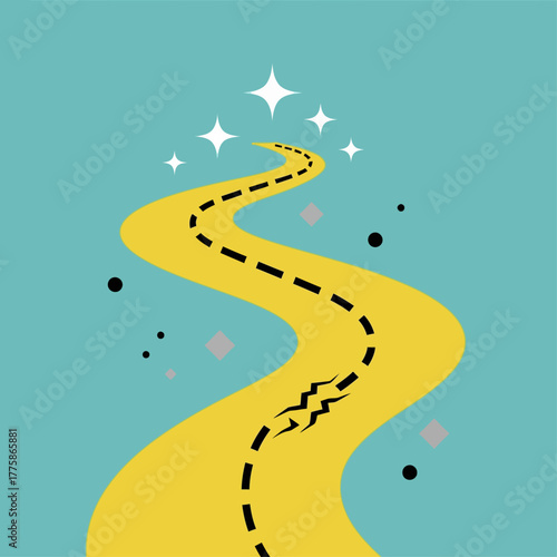 A conceptual vector illustration depicting a winding yellow road on a teal background, leading toward sparkling stars that symbolize success, goals, or dreams