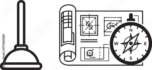 Black and White Plunger and Engineering Blueprint Compass Graphic