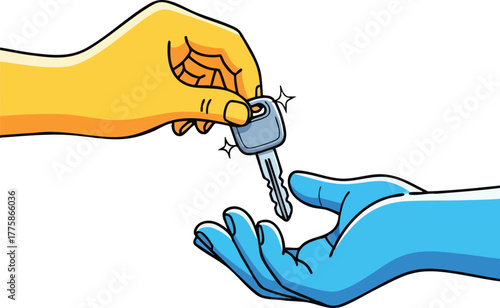 Pixel Art Hands Exchanging a Car Key on a White Background Symbolizing Transaction and Ownership Transfer