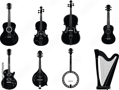Vector illustration of different musical instruments including guitar, violin, cello, banjo, mandolin, and harp in elegant black silhouette style