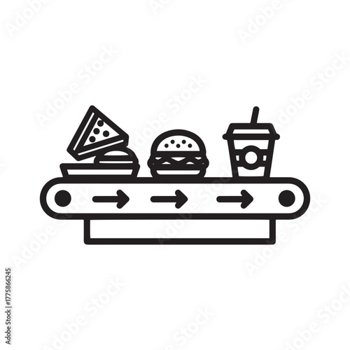 Fast food production line with burger, pizza slice, and drink on conveyor