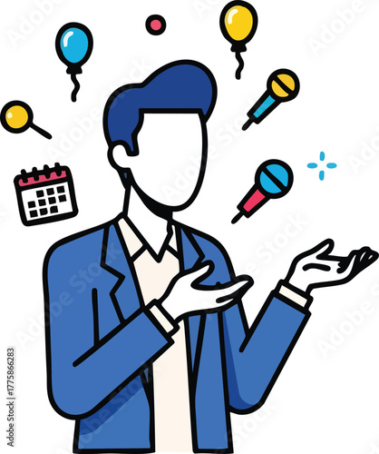 Pixel Art Man Juggling Microphones Balloons and Calendar with Blue Suit White Shirt and Open Hands