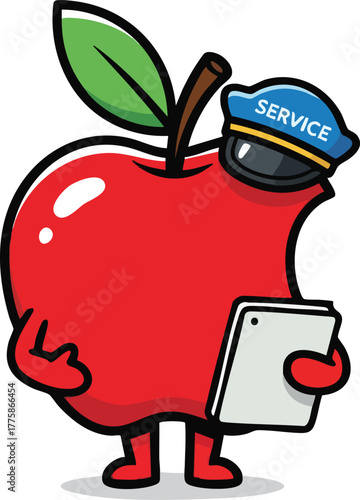 Red Apple Character Wearing a Blue Service Hat and Holding a Clipboard